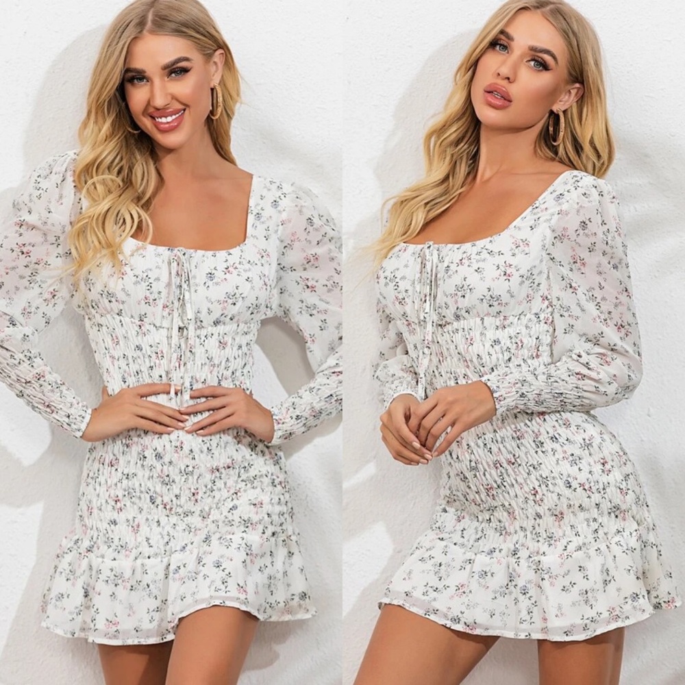 Floral boho ruched frill shirred white dress